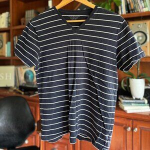 Club Monaco V-Neck Tee – Navy with White Stripes (Tagged Large, Fits Like Medium